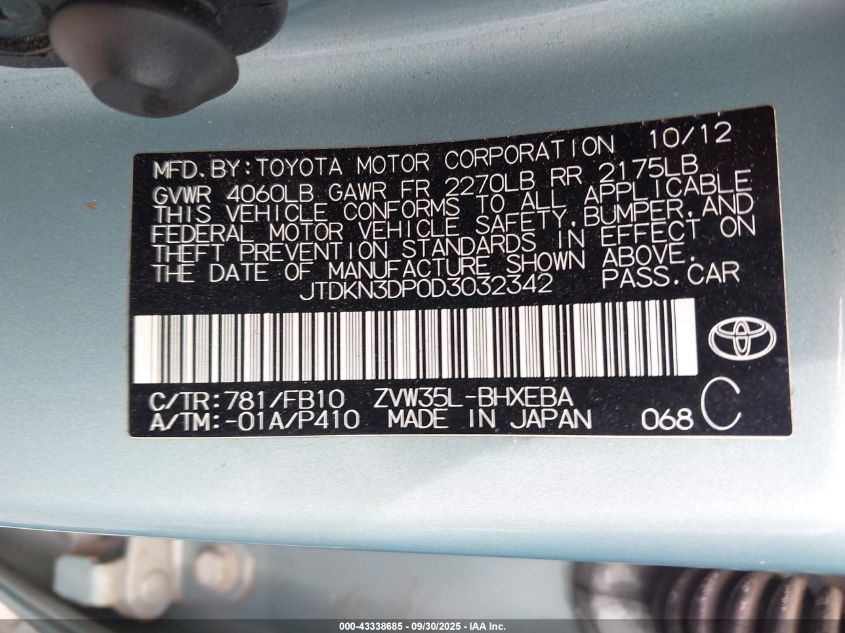 2013 Toyota Prius Plug-In VIN: JTDKN3DP0D3032342 Lot: 43338685