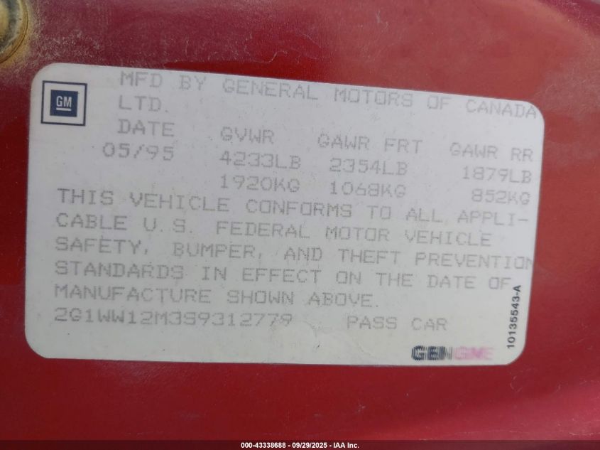 1995 Chevrolet Monte Carlo Ls VIN: 2G1WW12M3S9312779 Lot: 43338688