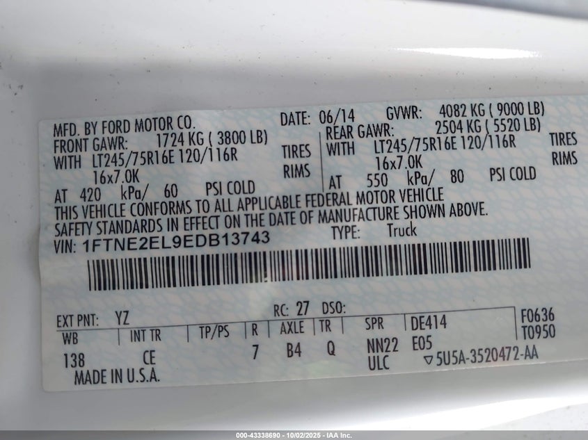 2014 FORD E-250 COMMERCIAL 1FTNE2EL9EDB13743