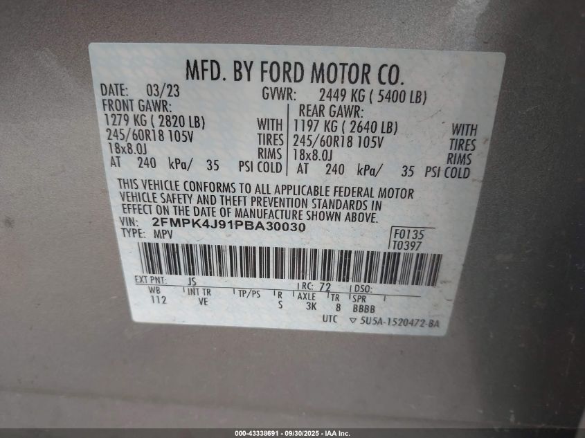 2023 Ford Edge Sel VIN: 2FMPK4J91PBA30030 Lot: 43338691