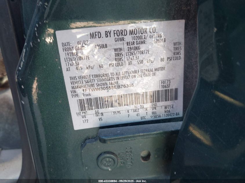 2008 Ford F-350 King Ranch/Lariat/Xl/Xlt VIN: 1FTWW30558EB76305 Lot: 43338694