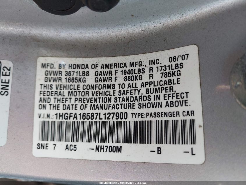 2007 Honda Civic Lx VIN: 1HGFA16587L127900 Lot: 43338697