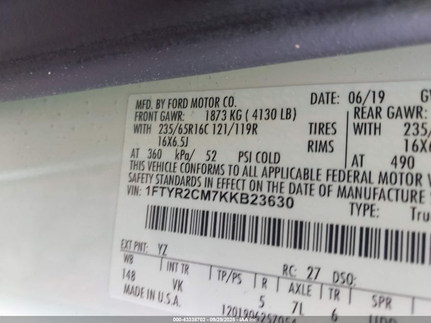 2019 Ford Transit-250 VIN: 1FTYR2CM7KKB23630 Lot: 43338702