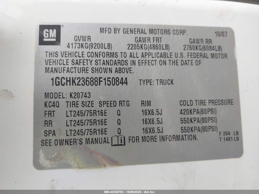 2008 Chevrolet Silverado 2500Hd Lt1 VIN: 1GCHK23688F150844 Lot: 43338703