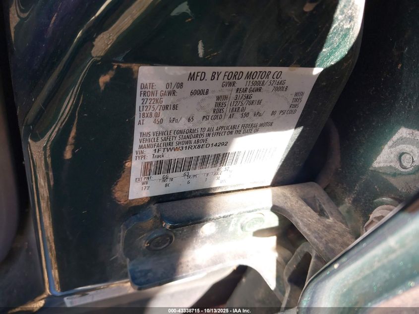 2008 Ford F-350 Fx4/Harley-Davidson/King Ranch/Lariat/Xl/Xlt VIN: 1FTWW31RX8ED14292 Lot: 43338715