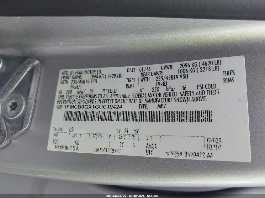 2016 FORD ESCAPE SE - 1FMCU0GX1GUC19424