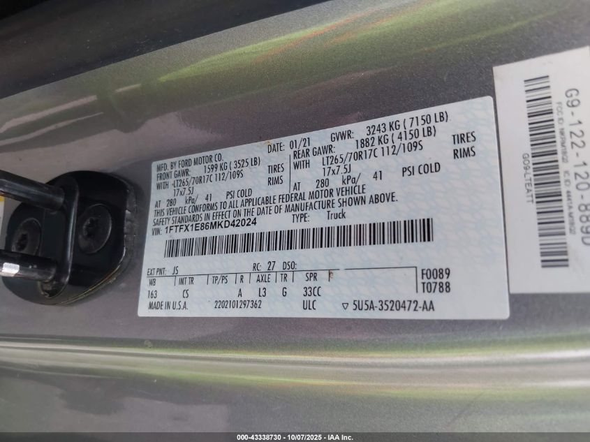 2021 Ford F-150 Xl VIN: 1FTFX1E86MKD42024 Lot: 43338730