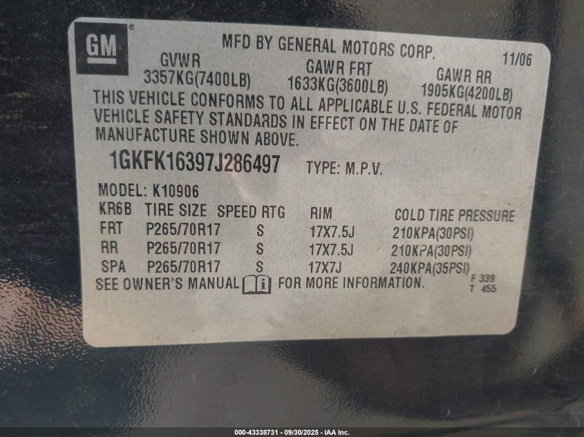 2007 GMC Yukon Xl 1500 Slt VIN: 1GKFK16397J286497 Lot: 43338731