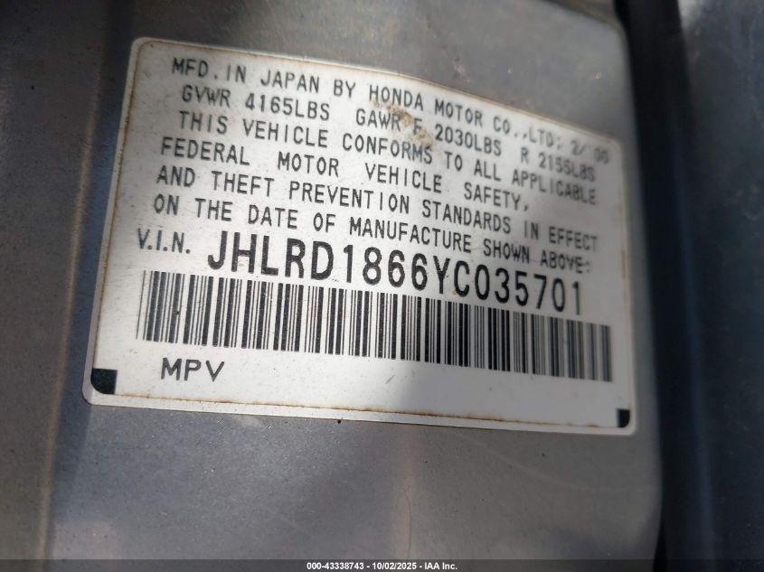 2000 Honda Cr-V Ex VIN: JHLRD1866YC035701 Lot: 43338743