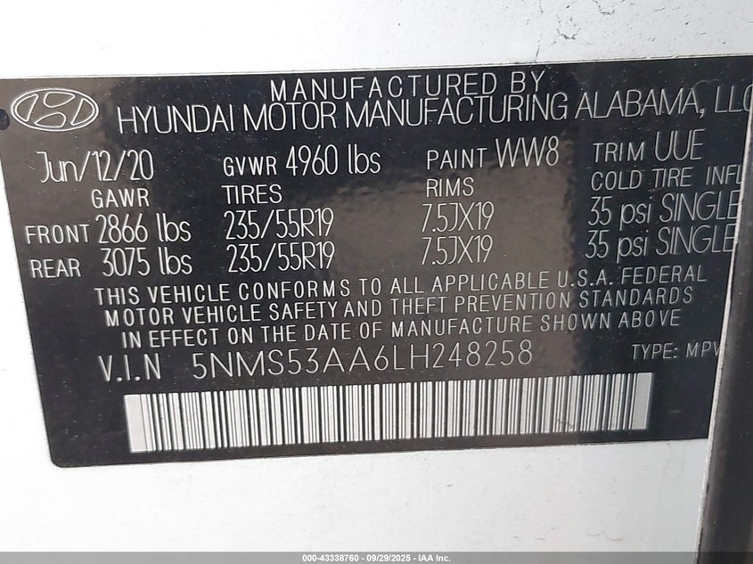 2020 HYUNDAI SANTA FE LIMITED 2.0T - 5NMS53AA6LH248258