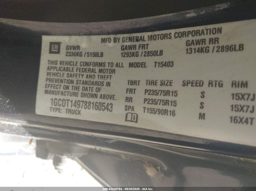 2008 Chevrolet Colorado Lt VIN: 1GCDT149788160543 Lot: 43338764