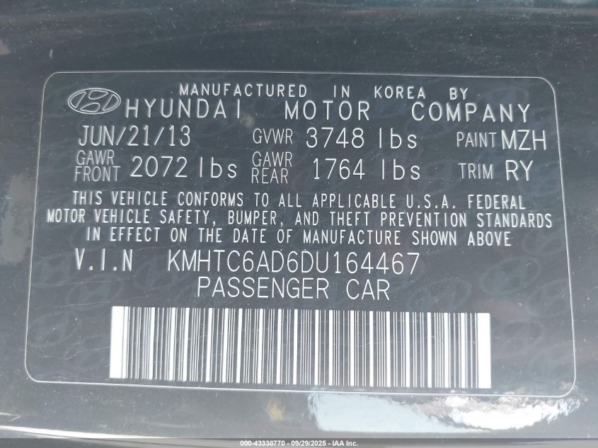 2013 Hyundai Veloster Base W/Black VIN: KMHTC6AD6DU164467 Lot: 43338770