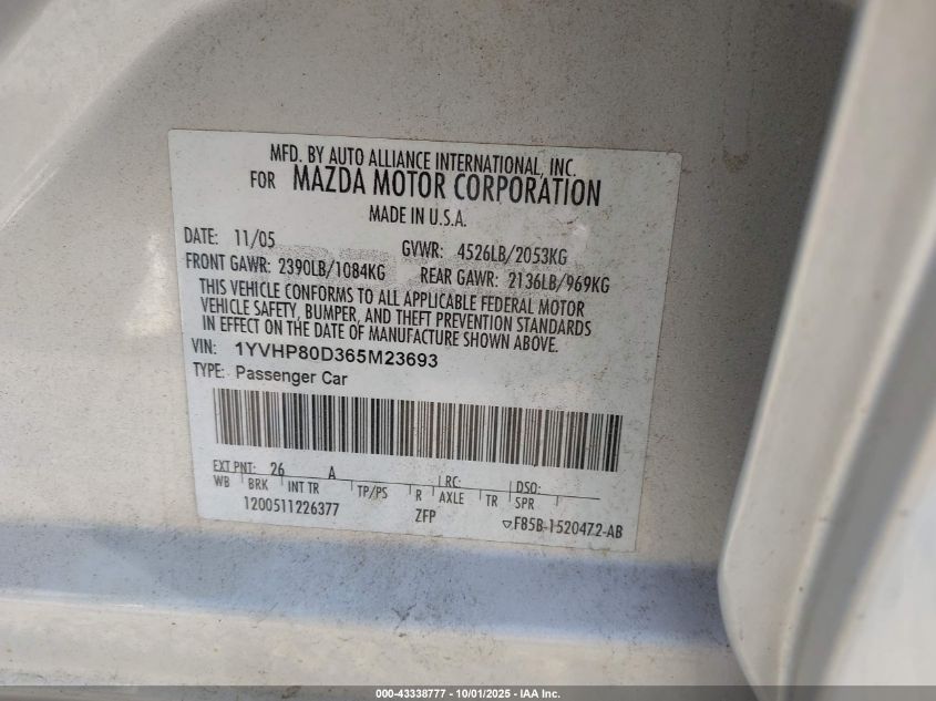 2006 Mazda Mazda6 I Grand Sport VIN: 1YVHP80D365M23693 Lot: 43338777