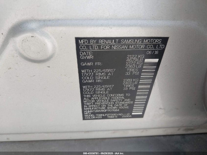 2016 Nissan Rogue S VIN: KNMAT2MV8GP707684 Lot: 43338781