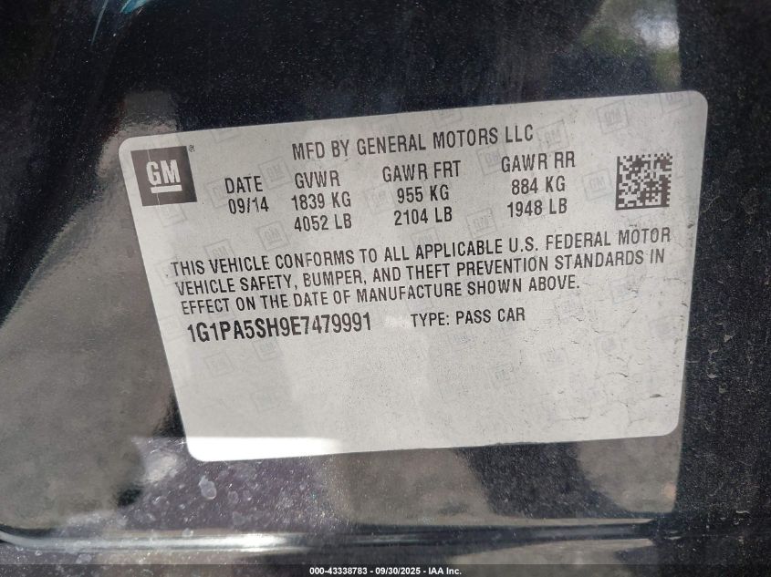 2014 Chevrolet Cruze Ls Auto VIN: 1G1PA5SH9E7479991 Lot: 43338783