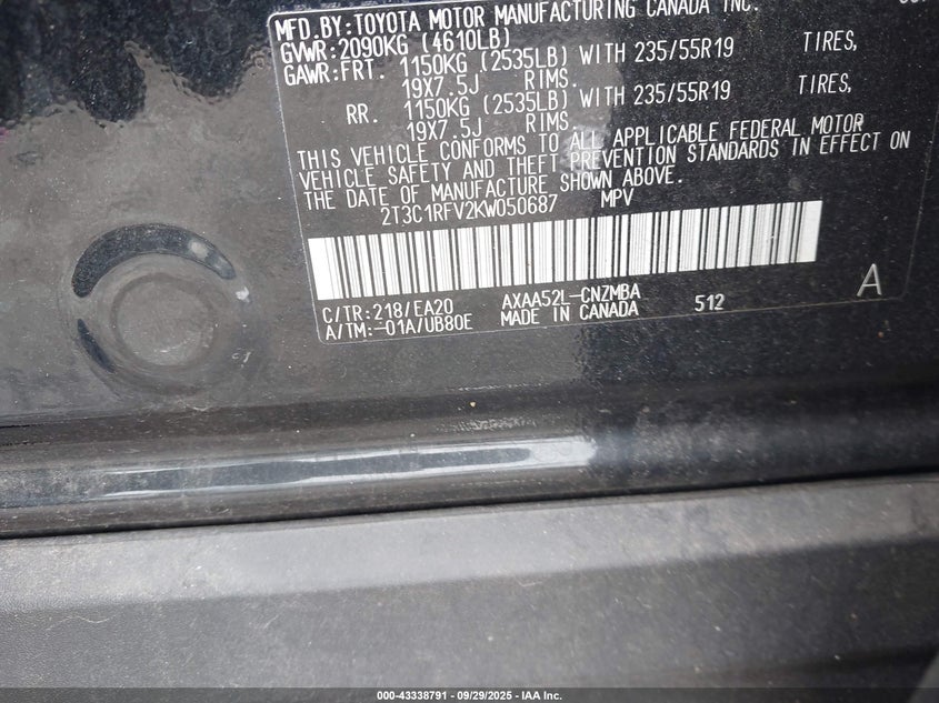 2019 Toyota Rav4 Xle Premium VIN: 2T3C1RFV2KW050687 Lot: 43338791