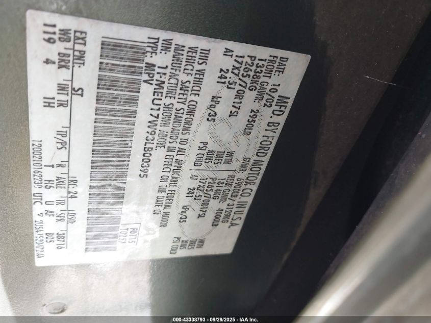 2003 Ford Expedition Eddie Bauer VIN: 1FMEU17W93LB00395 Lot: 43338793