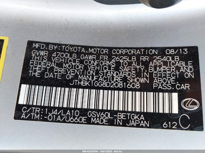 2013 Lexus Es 350 VIN: JTHBK1GG8D2081608 Lot: 43338794