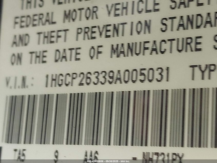 2009 Honda Accord 2.4 Lx VIN: 1HGCP26339A005031 Lot: 43338806