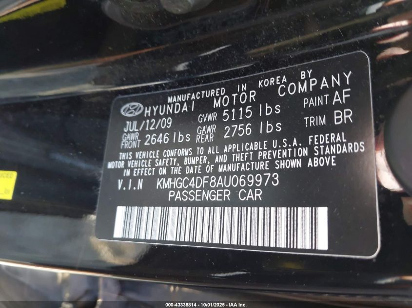 2010 Hyundai Genesis 4.6 VIN: KMHGC4DF8AU069973 Lot: 43338814