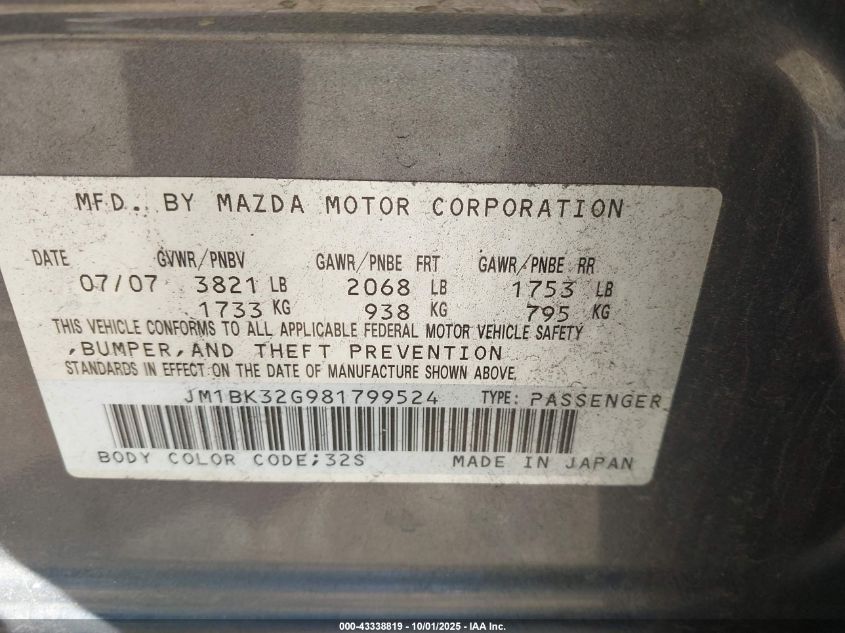 2008 Mazda Mazda3 I VIN: JM1BK32G981799524 Lot: 43338819