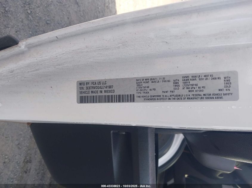 2020 Ram Promaster 2500 High Roof 159 Wb VIN: 3C6TRVDG4LE141907 Lot: 43338823