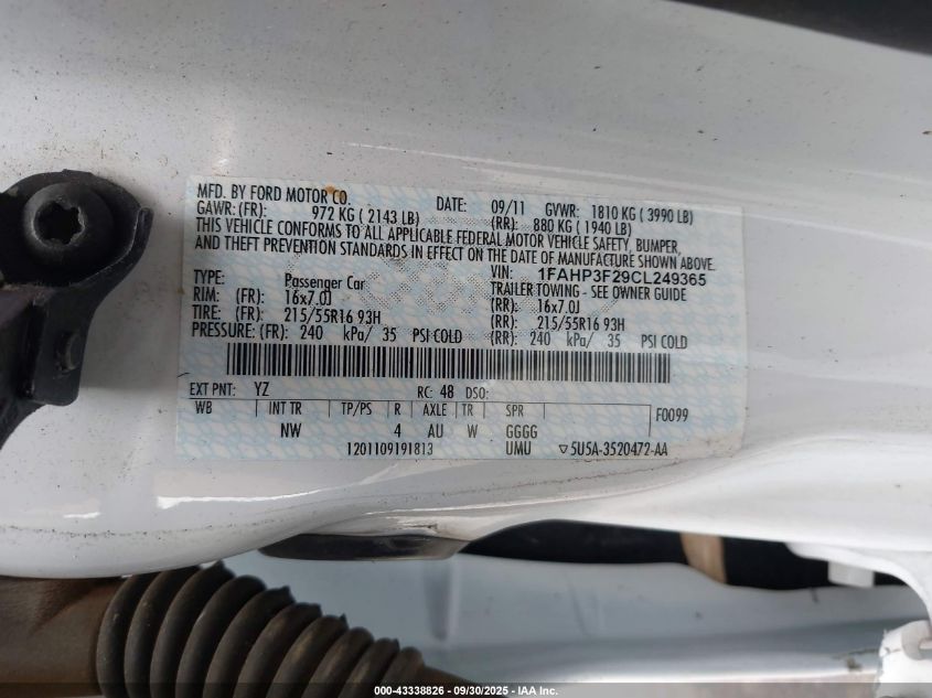 2012 Ford Focus Se VIN: 1FAHP3F29CL249365 Lot: 43338826