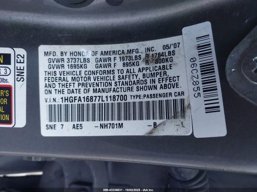 2007 Honda Civic Ex VIN: 1HGFA16877L118700 Lot: 43338831