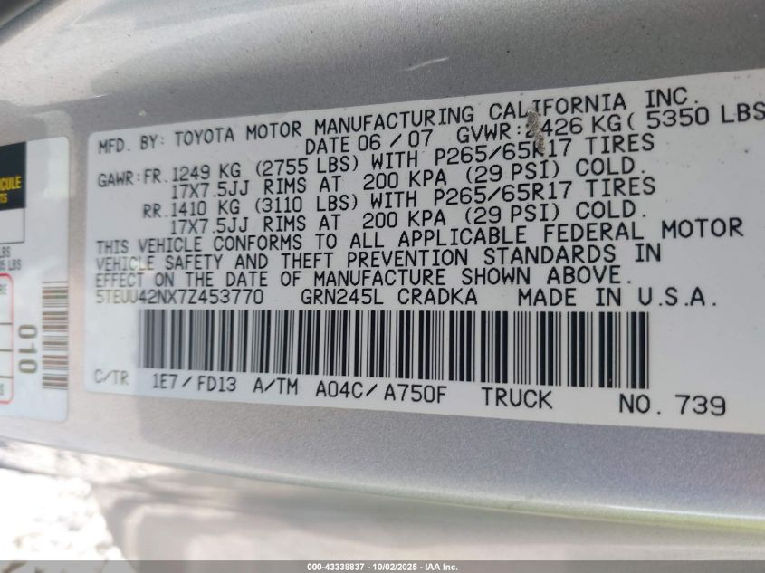 2007 Toyota Tacoma Base V6 VIN: 5TEUU42NX7Z453770 Lot: 43338837