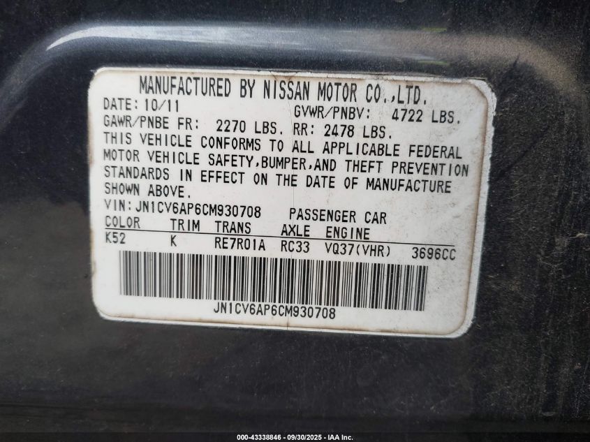 2012 Infiniti G37 Journey VIN: JN1CV6AP6CM930708 Lot: 43338846