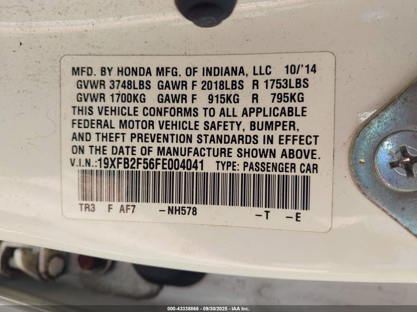 2015 HONDA CIVIC LX 19XFB2F56FE004041