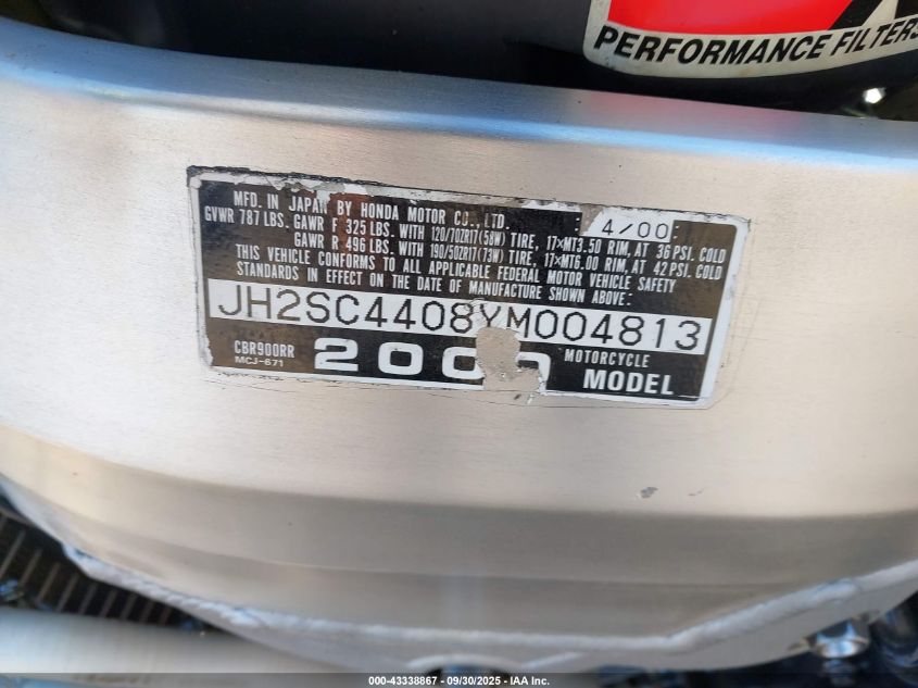 2000 Honda Cbr900 Rr VIN: JH2SC4408YM004813 Lot: 43338867