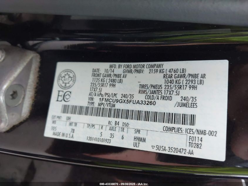 2015 Ford Escape Se VIN: 1FMCU9GX5FUA33260 Lot: 43338870