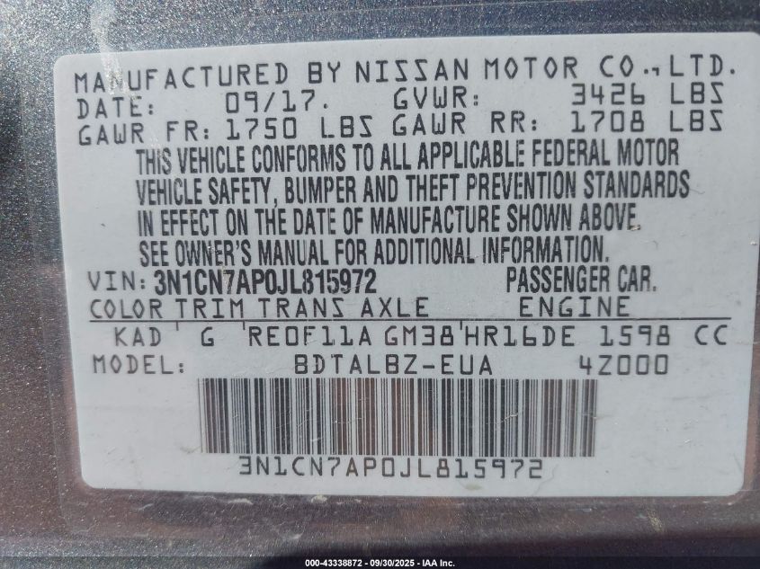 2018 Nissan Versa 1.6 Sv VIN: 3N1CN7AP0JL815972 Lot: 43338872