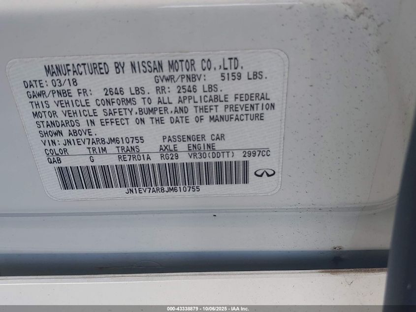 2018 Infiniti Q50 3.0T Sport VIN: JN1EV7AR8JM610755 Lot: 43338879