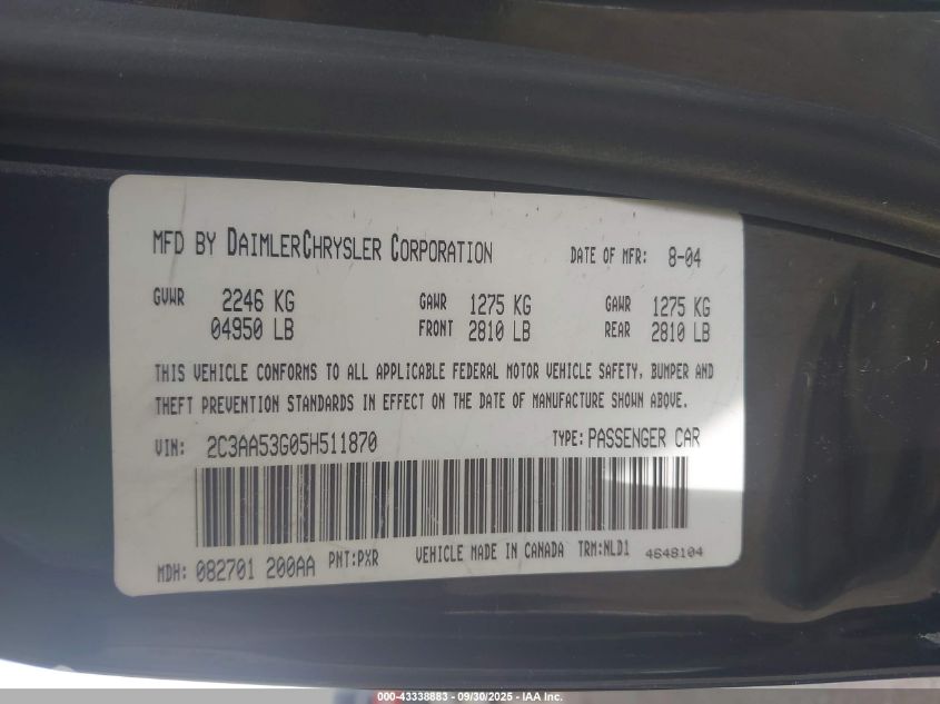 2005 Chrysler 300 Touring VIN: 2C3AA53G05H511870 Lot: 43338883