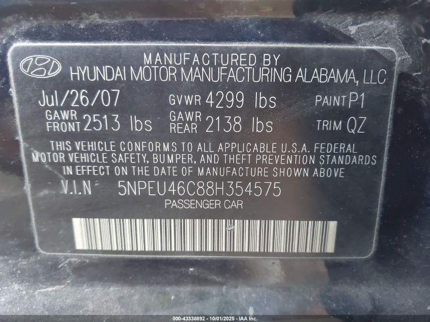 2008 Hyundai Sonata Limited/Se VIN: 5NPEU46C88H354575 Lot: 43338892