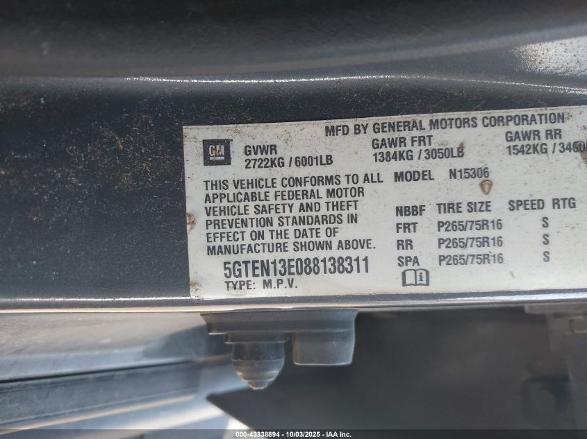 2008 Hummer H3 Suv VIN: 5GTEN13E088138311 Lot: 43338894