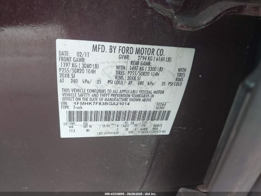 2011 Ford Explorer Limited VIN: 1FMHK7F83BGA21014 Lot: 43338895