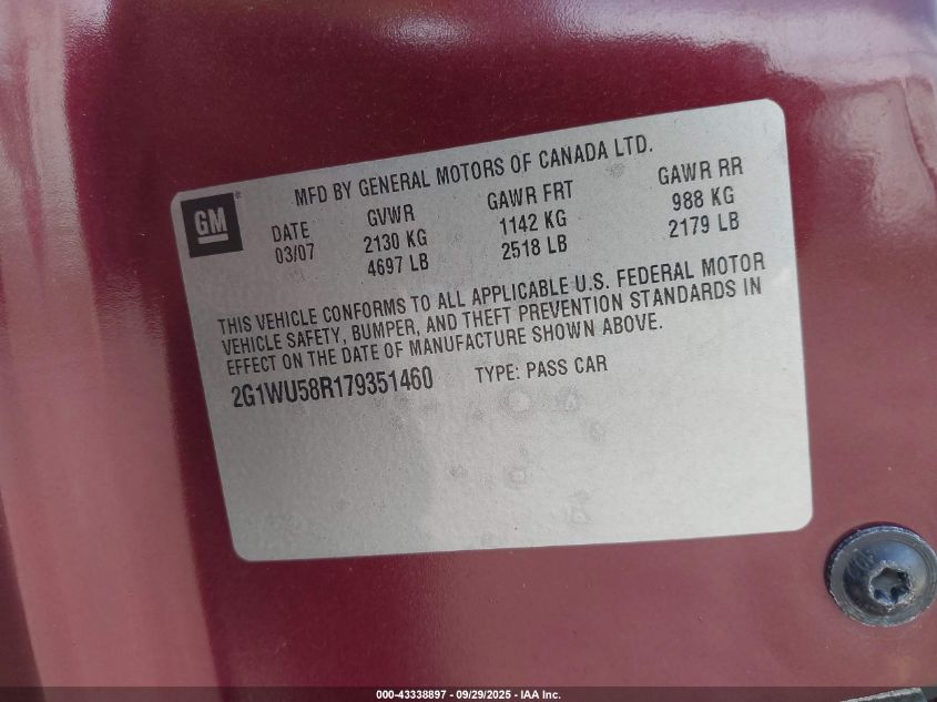 2007 Chevrolet Impala Ltz VIN: 2G1WU58R179351460 Lot: 43338897
