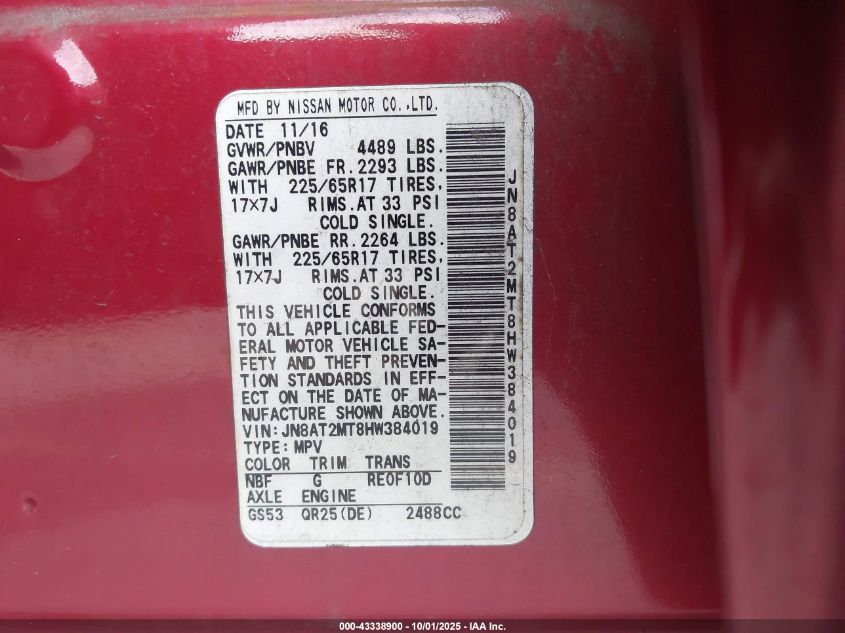 2017 Nissan Rogue Sv VIN: JN8AT2MT8HW384019 Lot: 43338900