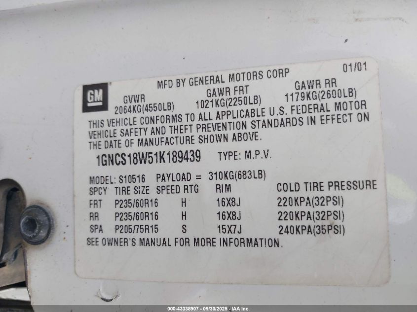 2001 Chevrolet Blazer Xtreme VIN: 1GNCS18W51K189439 Lot: 43338907