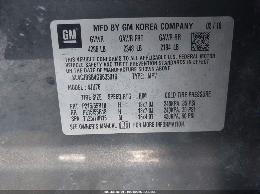 2016 Buick Encore Convenience VIN: KL4CJBSB4GB633016 Lot: 43338909