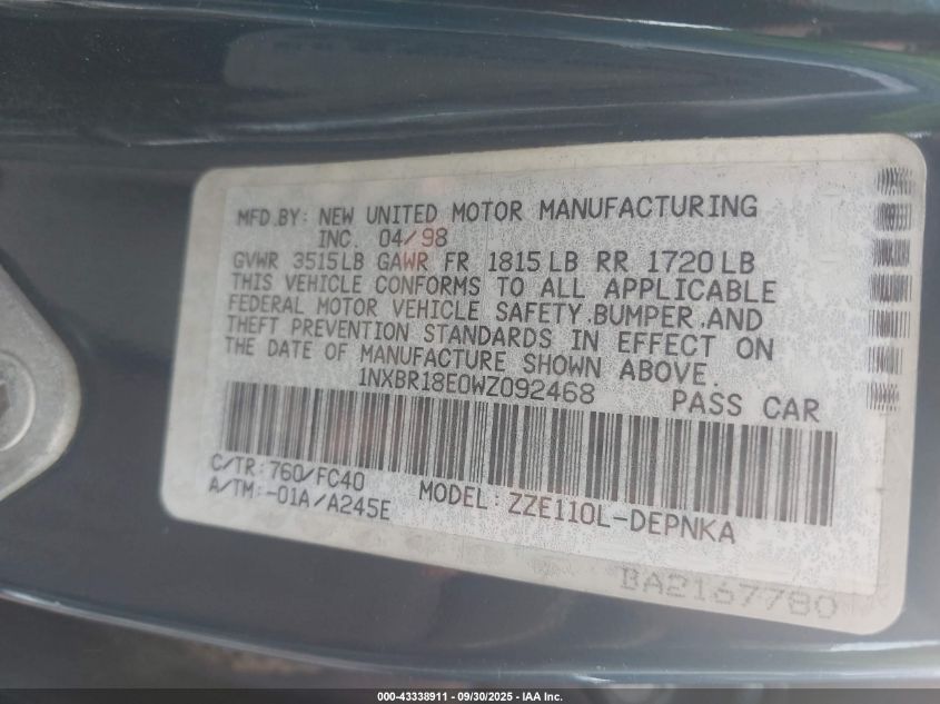 1998 Toyota Corolla Le VIN: 1NXBR18E0WZ092468 Lot: 43338911