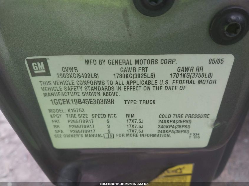 2005 Chevrolet Silverado 1500 Lt VIN: 1GCEK19B45E303688 Lot: 43338912