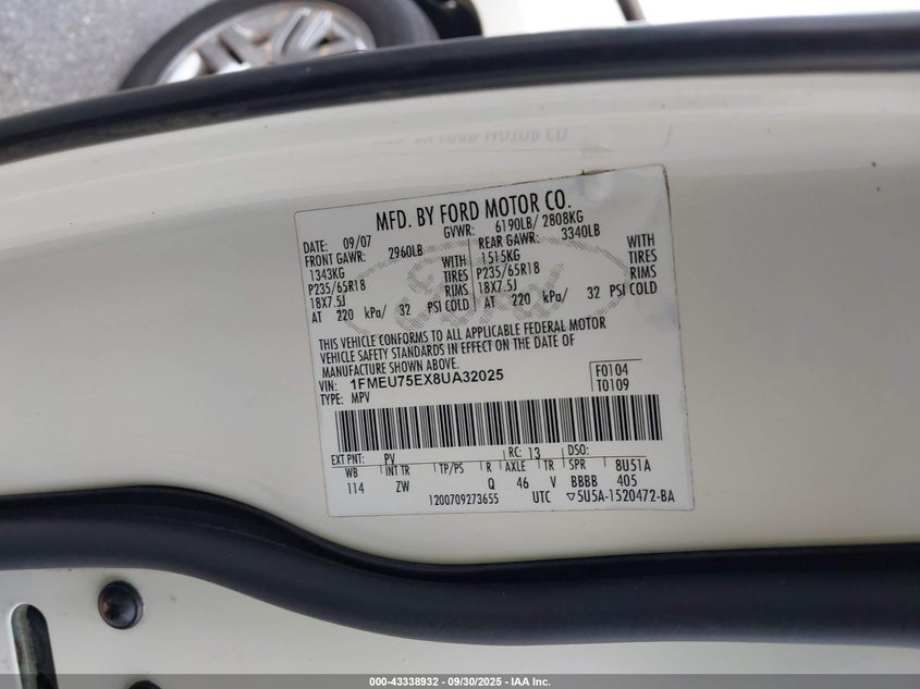2008 Ford Explorer Limited VIN: 1FMEU75EX8UA32025 Lot: 43338932