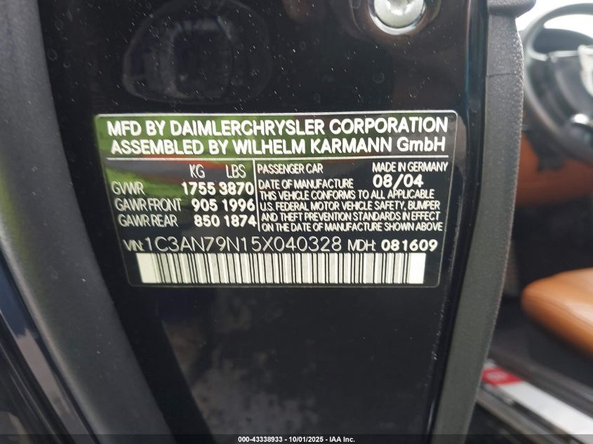 2005 Chrysler Crossfire Srt-6 VIN: 1C3AN79N15X040328 Lot: 43338933