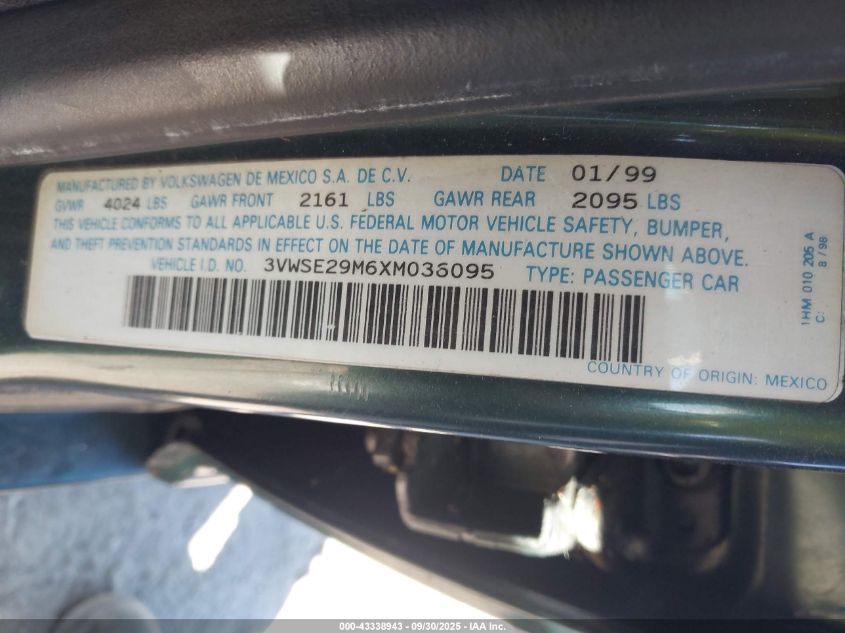 1999 Volkswagen Jetta Gls Vr6 VIN: 3VWSE29M6XM036095 Lot: 43338943