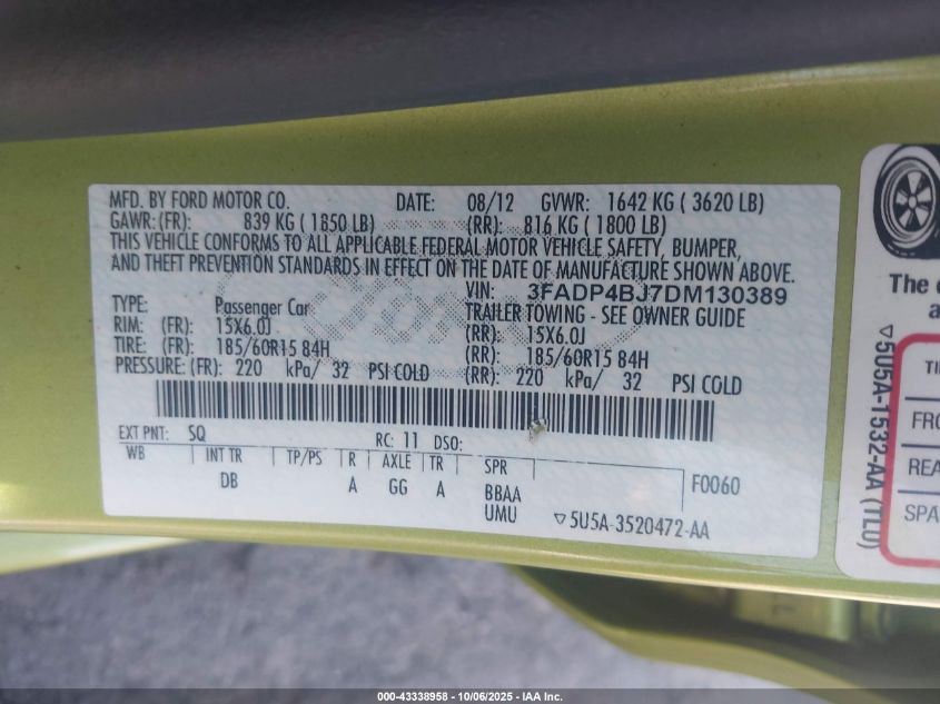 2013 Ford Fiesta Se VIN: 3FADP4BJ7DM130389 Lot: 43338958