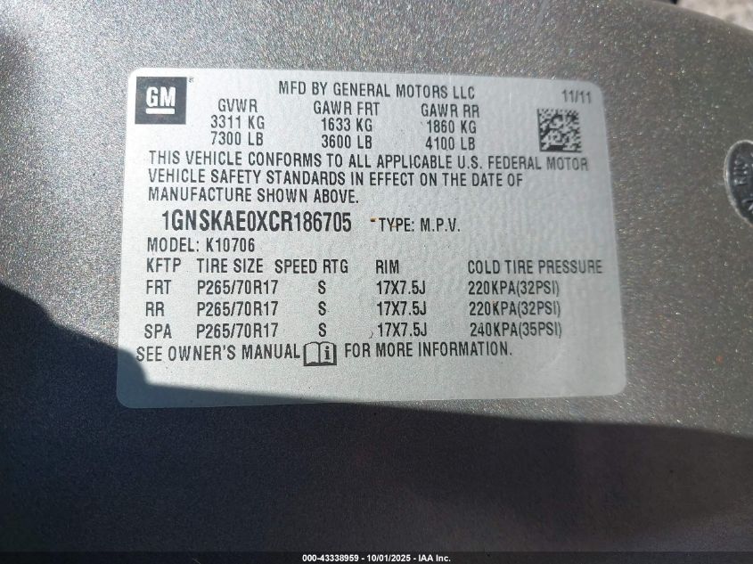 2012 Chevrolet Tahoe Ls VIN: 1GNSKAE0XCR186705 Lot: 43338959